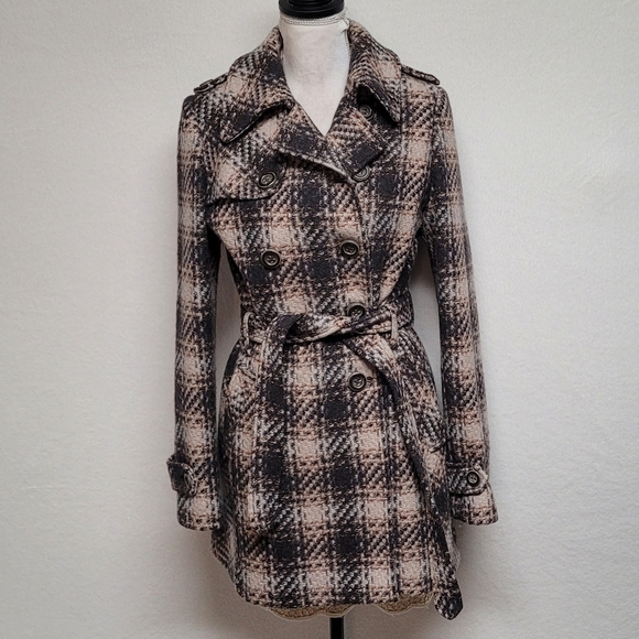 DKNY Retro Y2K Brown Plaid Tweed Double Breasted Belted Midi Peacoat Trench Coat - Picture 2 of 13